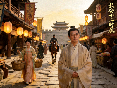 古装剧《长安十二时辰》剧照，唐代街道与人物